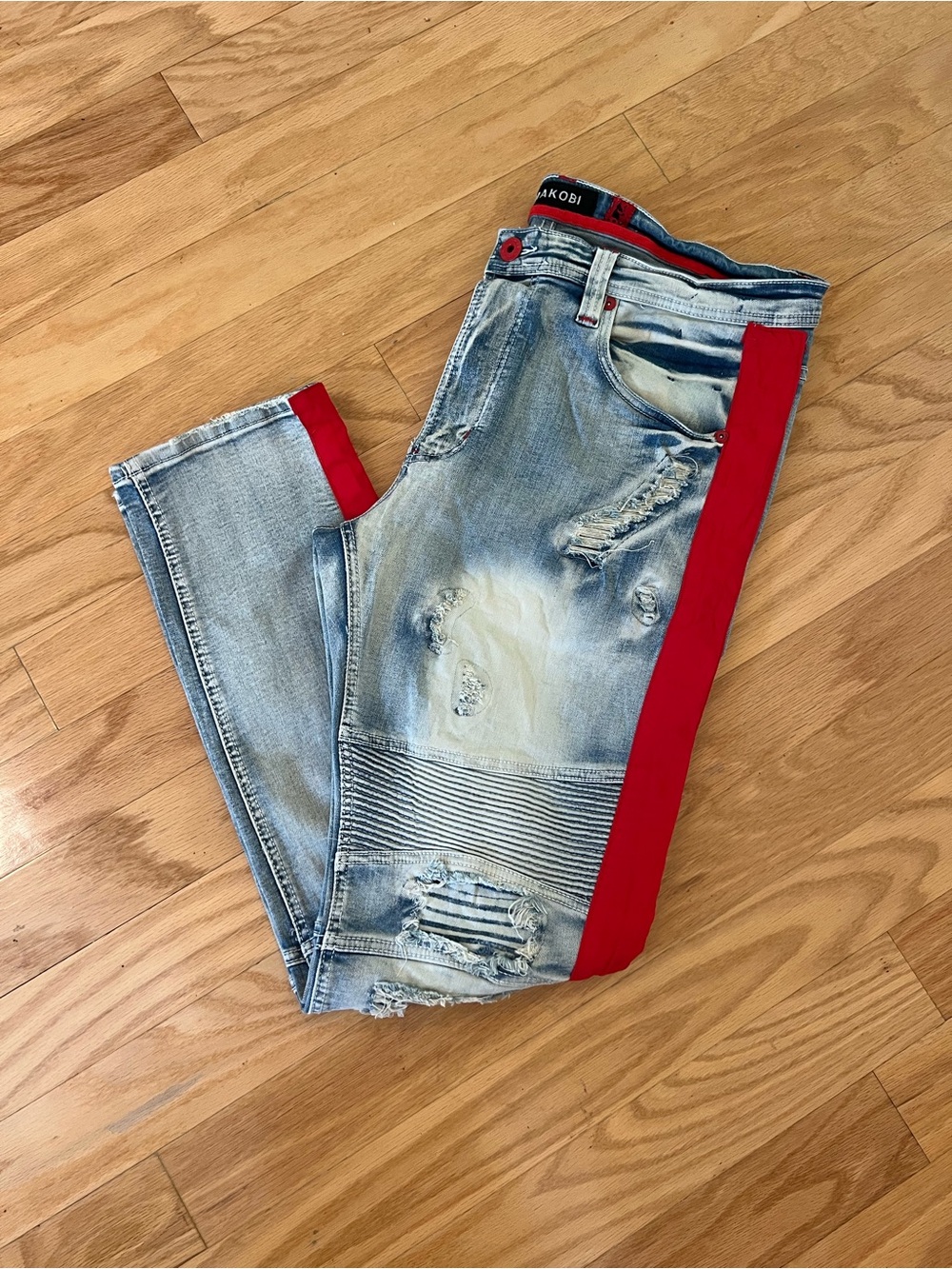 Makobi M1983 Destine Biker Jeans - Light Wash with Red Stripe